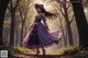 A woman in a purple dress is walking through a forest.