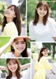 A collage of photos of a woman in a yellow dress.