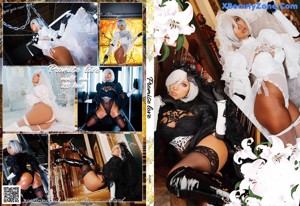 A collage of photos of a woman in lingerie and stockings.