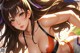 Anime girl with long brown hair in a bikini.